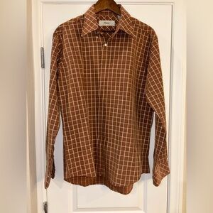 Men’s Brown Casual Button Down Shirt with Plaid Pattern